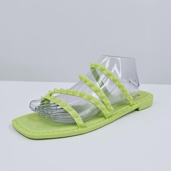 Steve Madden Selina Sandals 10 Lime Green Studded Jelly Square Toe Strappy Flats - Picture 1 of 14